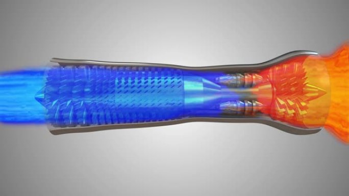 涡轮发动机的工作显示空气动力学可视化和带有温度斜坡图和颗粒流的推力流风扇叶片