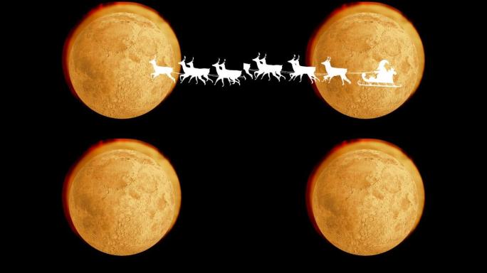 圣诞老人在雪橇上的动画，驯鹿越过月亮和星星