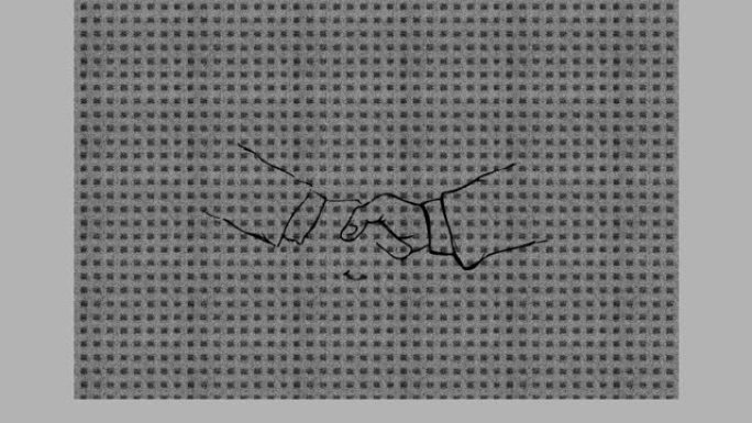 两个正式商人握手的抓痕动画，灰色纹理