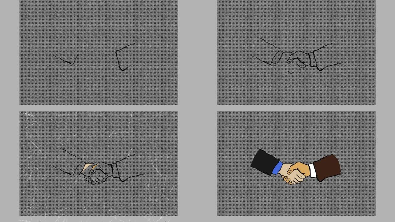 两个正式商人握手的抓痕动画，灰色纹理