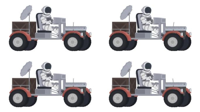 月球车上的宇航员。太空运输动画。卡通