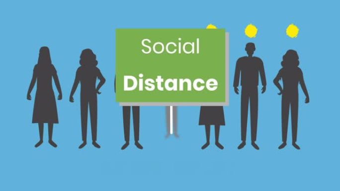 绿色横幅上的社交距离文字在蓝色背景上保持社交距离的人