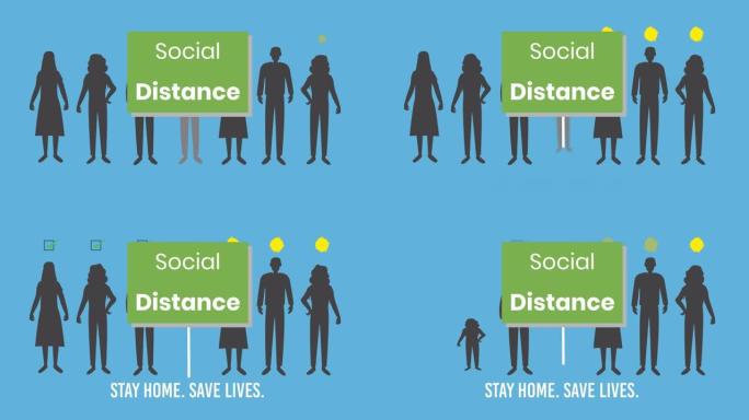 绿色横幅上的社交距离文字在蓝色背景上保持社交距离的人