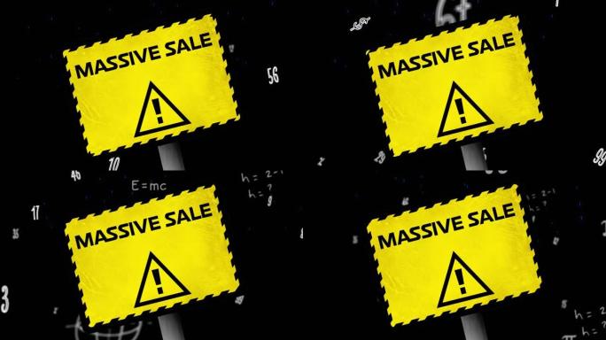 黄色警告标志上的巨大销售文本动画，在数据处理上，在黑色背景上