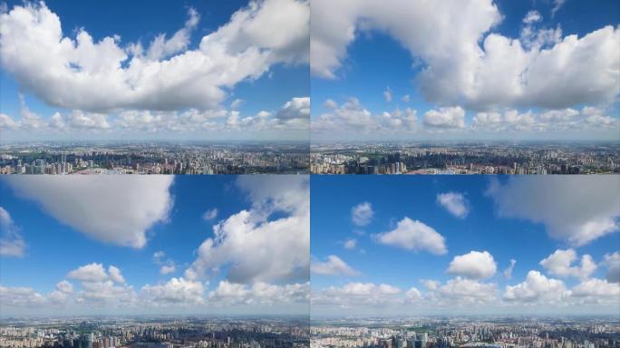 多云的午后，上海城市的时间流逝，上海天际线的鸟瞰图，云层移动，阴影跟随，4k镜头，b翻盘拍摄。