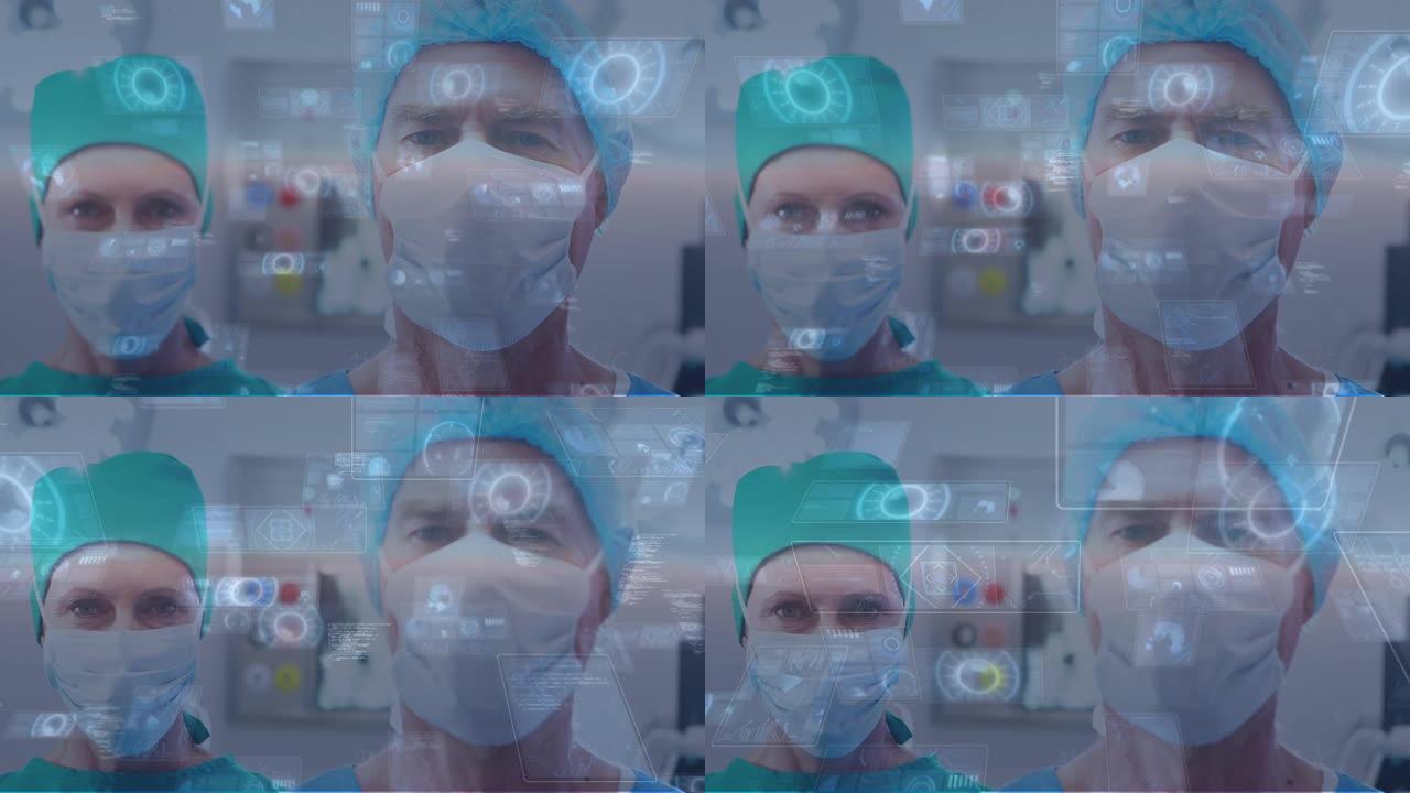 男女医生戴口罩数据处理动画
