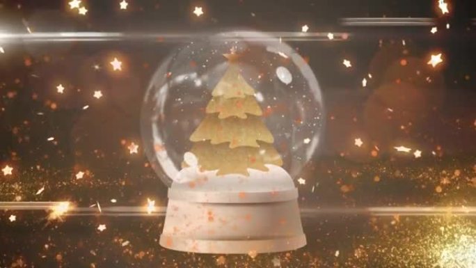 在黑暗的天空上，雪球中的金色圣诞树动画，有光明的小径和流星