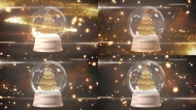 在黑暗的天空上，雪球中的金色圣诞树动画，有光明的小径和流星