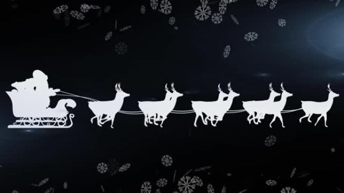 黑色背景上白色圣诞老人雪橇和驯鹿的动画，飘着雪花