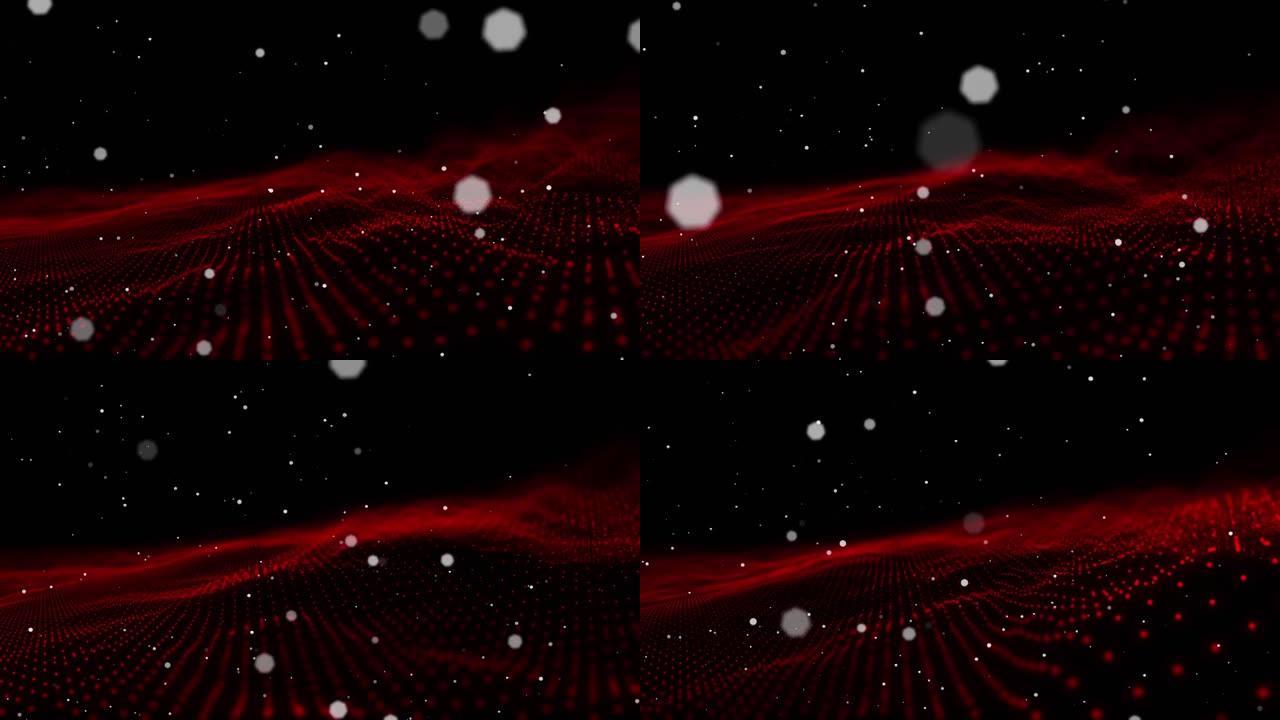 黑色背景上漂浮在红色数字波上的多个白点的数字动画