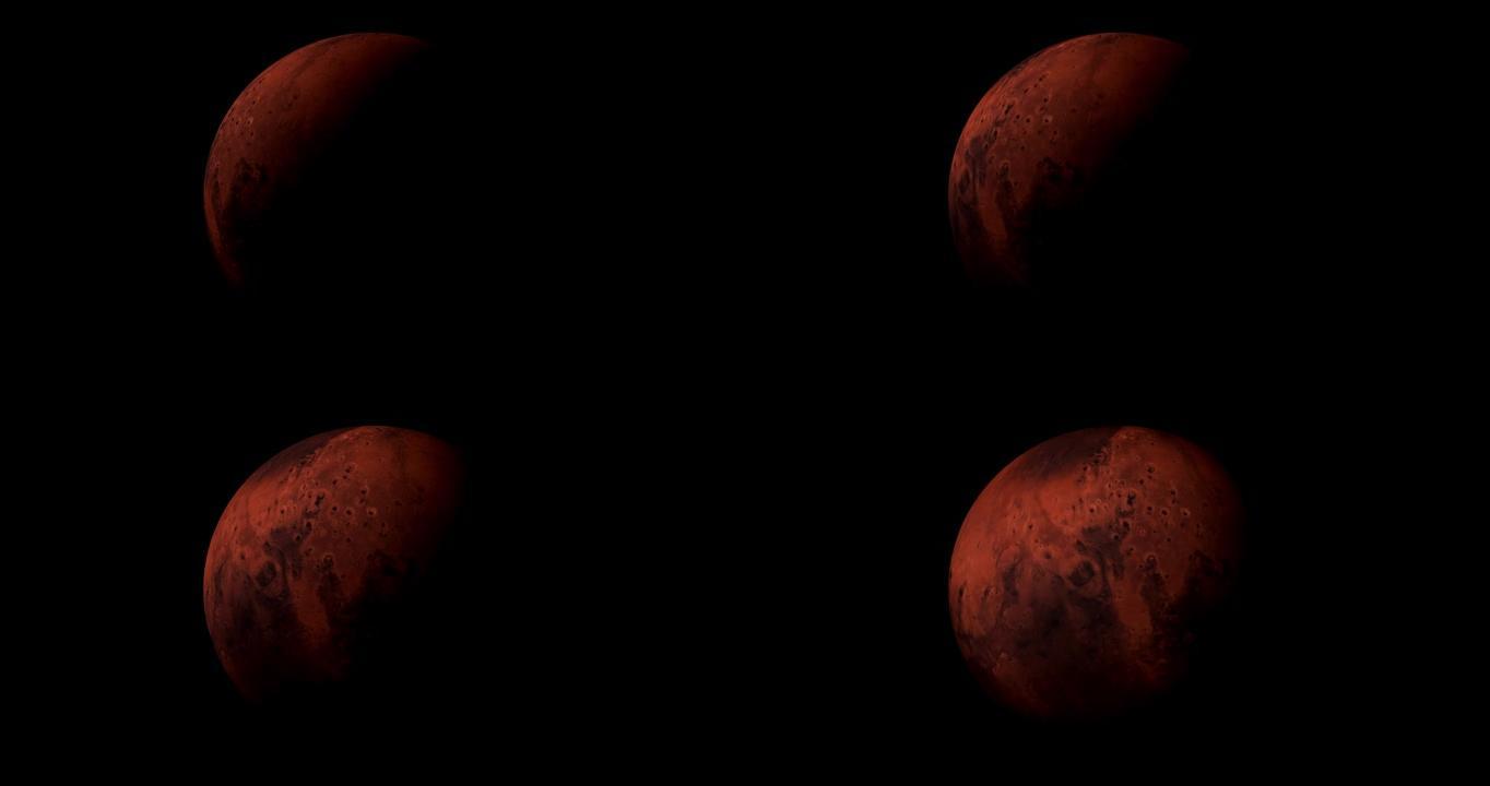 火星太阳升起孤立在黑暗中。从3d空间看火星行星的前视图。火星4k分辨率的全3d视图。