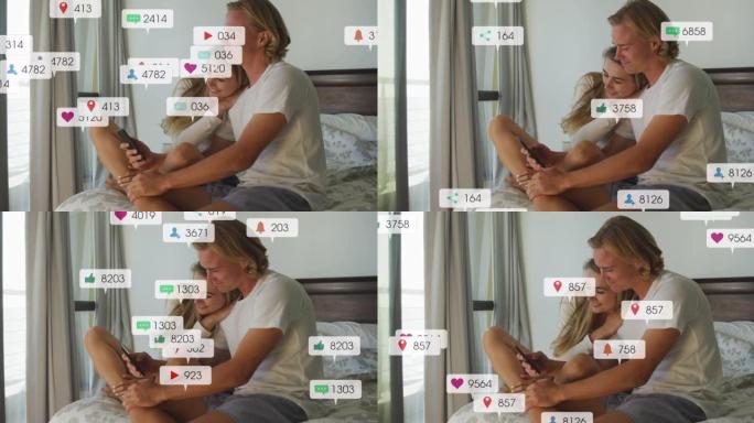 使用智能手机在微笑的夫妇坐在床上的社交媒体通知动画