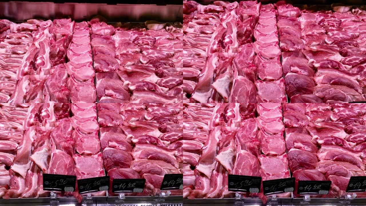 肉店柜台出售各种鲜美的生肉。剁碎的肉在店里。