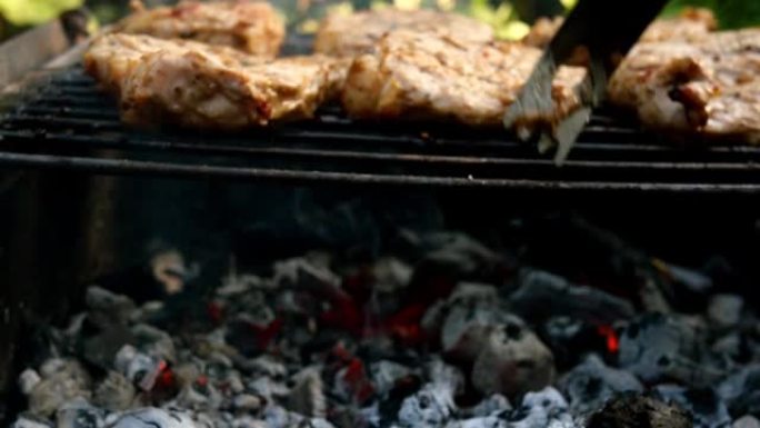 在后院的大自然上，在烤架上或户外烧烤格子上烹制多汁的新鲜猪颈肉块。