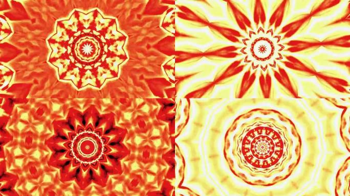 摘要万花筒曼陀罗渐变黄橙红星形变图形运动。4k迷幻视觉动画背景。DJ VJ循环、舞台表演、过渡的美丽