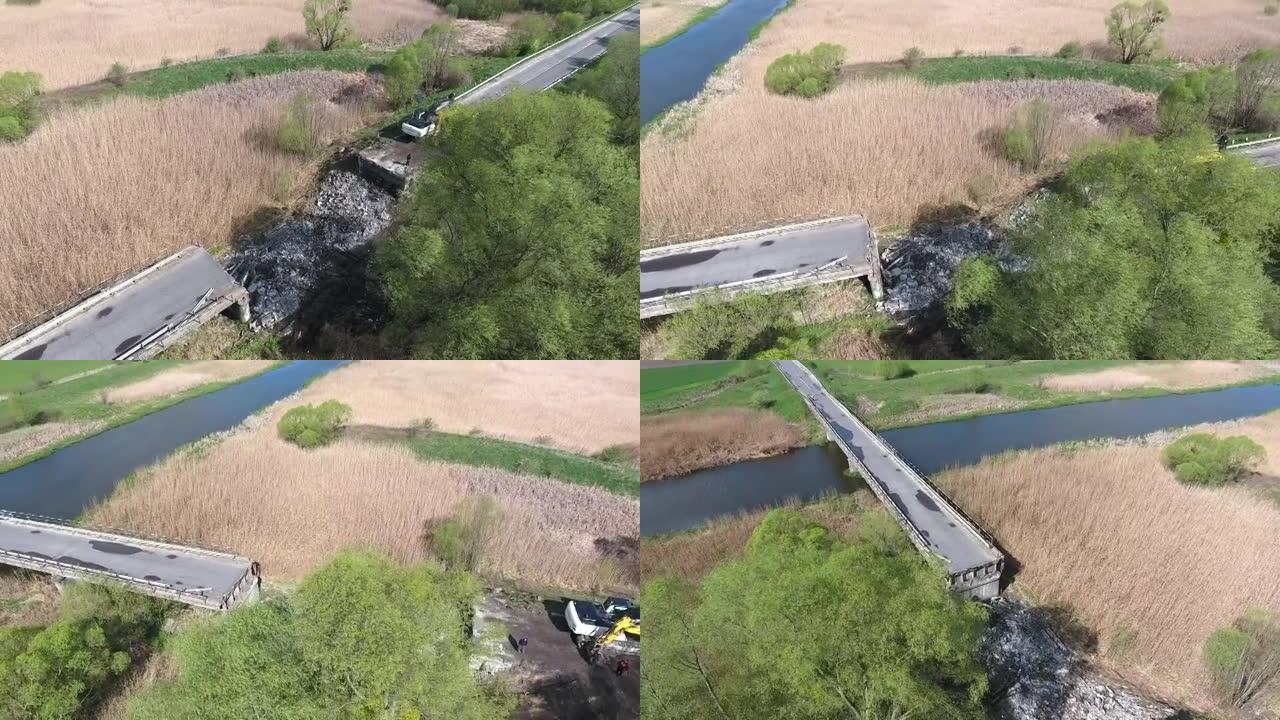 断桥，河流上的履带式挖掘机断路结构被摧毁的道路