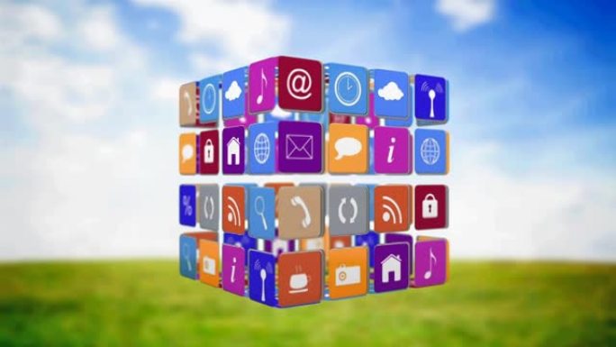 数字图标漂浮在景观上的立方体动画