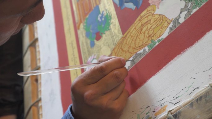 老师画唐卡 特写佛教 传承人 工匠 手绘