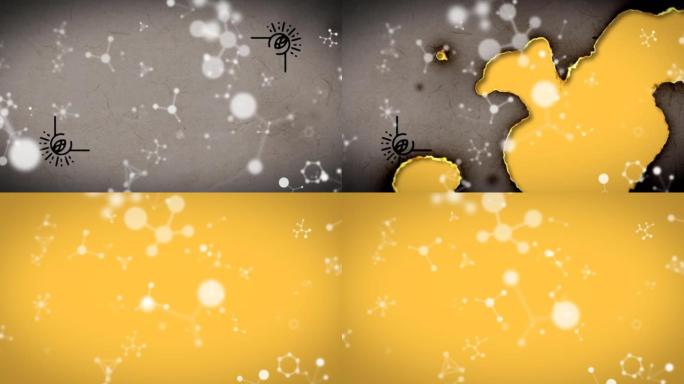 在黄色背景下漂浮的分子结构上燃烧的纸张的数字动画