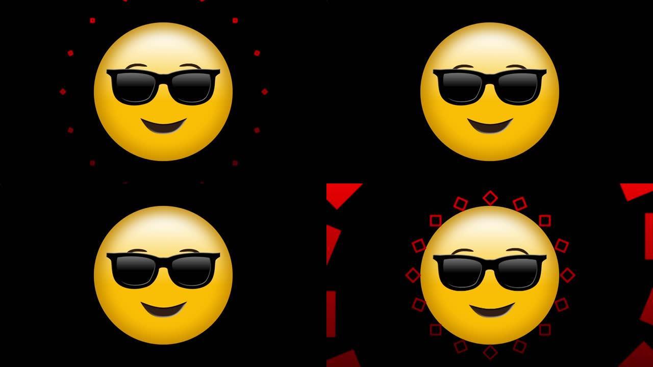 黑色背景上的红色万花筒形状在微笑太阳镜表情符号上移动的动画