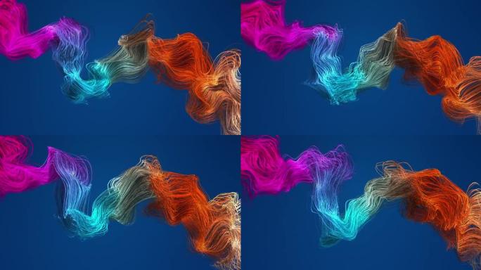 慢动作彩色3D形状在蓝色背景上移动。完美循环。