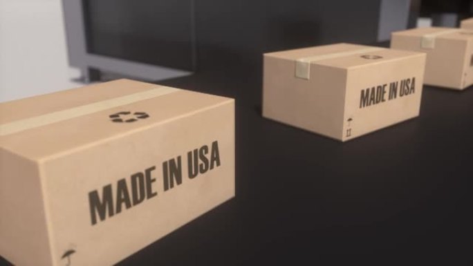 传送带上带有美国制造文本的盒子。美国商品相关可循环3D动画