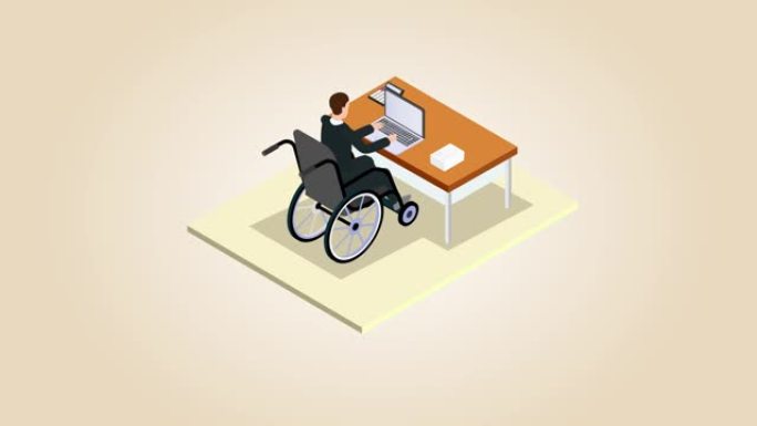 残疾人在办公室用笔记本电脑工作