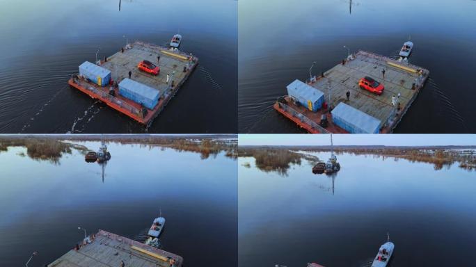 古老的手动过河。汽车在河渡船中运过河。白俄罗斯自然的俯视图。白俄罗斯的普里皮亚季河。