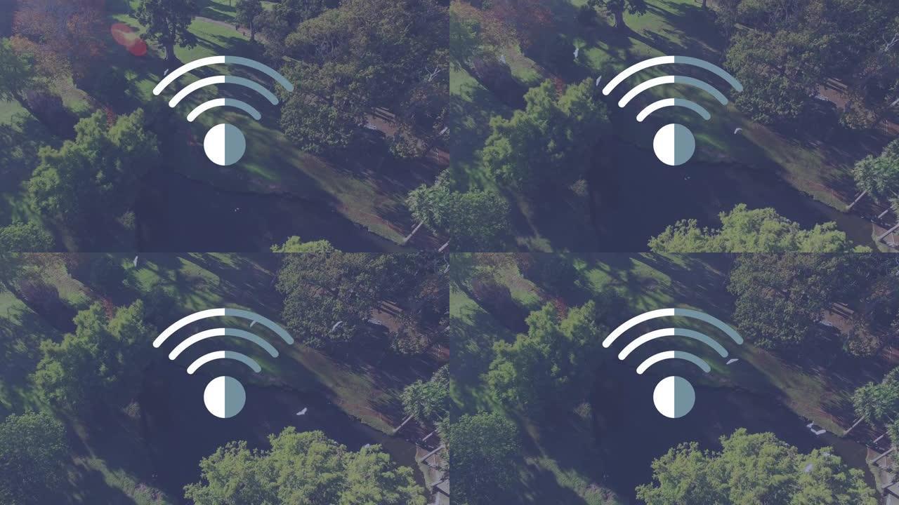 wifi数字图标漂浮在公园上的动画