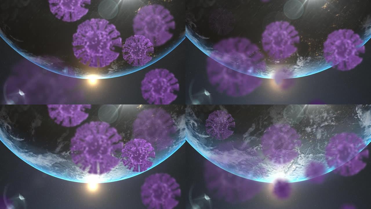 黑色背景下漂浮在旋转的地球上的多个紫色新型冠状病毒肺炎细胞