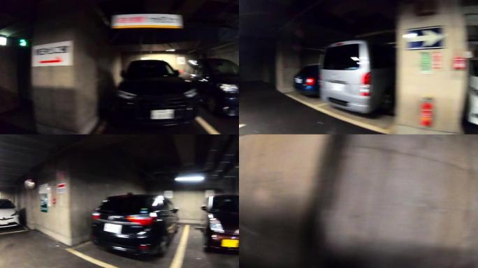 开车穿过地下停车场。侧视图