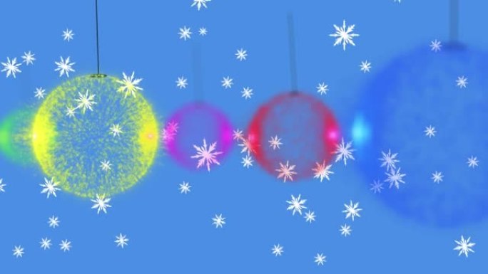 蓝色背景上的圣诞装饰品小玩意飘落的雪花动画