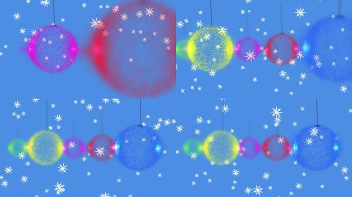 蓝色背景上的圣诞装饰品小玩意飘落的雪花动画
