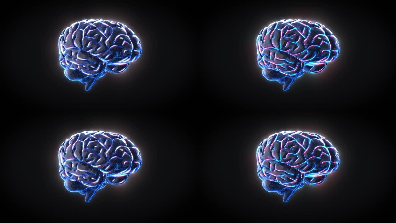 人脑数字电活动，在蓝色背景上闪烁和闪电。3d渲染