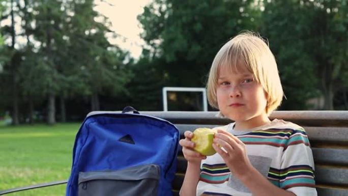 面带微笑的小男孩坐在学校院子附近公园的长凳上，背着背包，放学后或课间休息时吃苹果作为零食