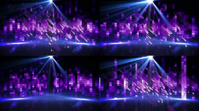 紫色光迹落在聚光灯和发光的紫色音乐均衡器上的动画