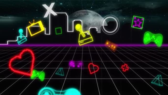 霓虹灯视频游戏数字接口在网格上闪烁的动画