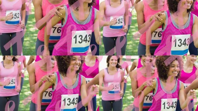 动画的多个粉红色丝带标志的不同群体的微笑的妇女