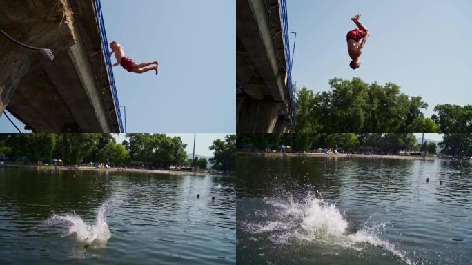 在炎热的夏日里，勇敢的年轻人从桥上跳入河中，使他的一天变得更加有趣