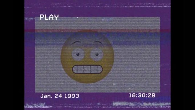 紫色背景上做鬼脸表情符号上vhs故障效果的数字动画
