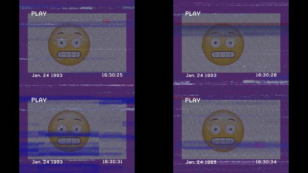 紫色背景上做鬼脸表情符号上vhs故障效果的数字动画