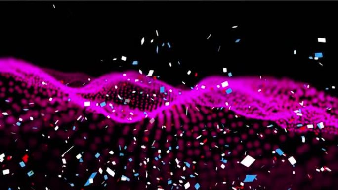 彩色纸屑落在黑色背景上的粉红色数字波浪的数字动画