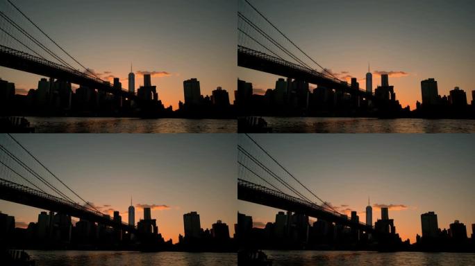 日落时分，纽约布鲁克林大桥的宽阔视野