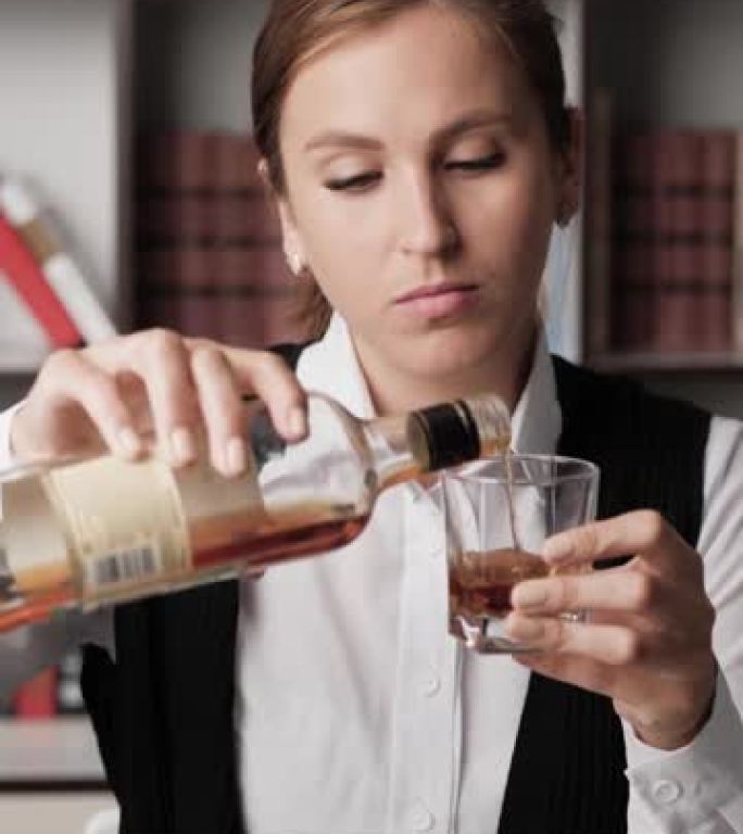 喝酒的女人。工作场所女性的垂直视图将酒精胶带倒入玻璃杯中并喝酒。抑郁，酒精成瘾，酗酒，宿醉，庆祝概念