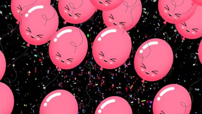黑色背景上粉红气球飞落五彩纸屑动画