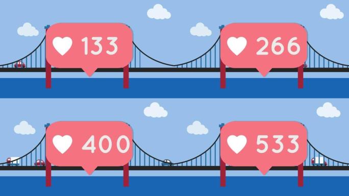 带有数字的心脏图标在蓝色天空的桥梁上对着车辆的气泡