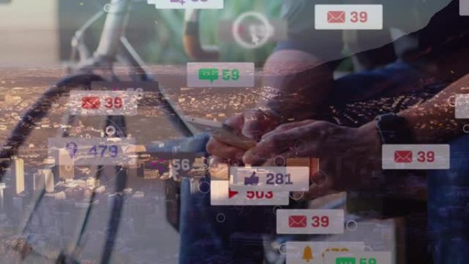 使用智能手机和手表坐在自行车上的人的社交媒体通知动画