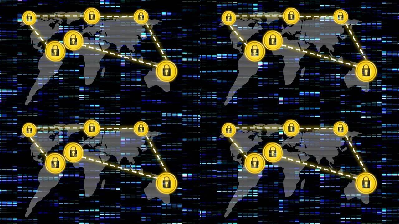黑暗背景上的在线安全挂锁连接网络动画