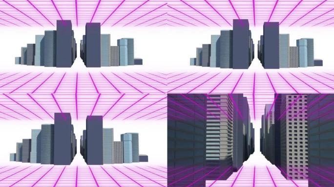 白色背景下的3d城市模型上的紫色网格网络数字动画