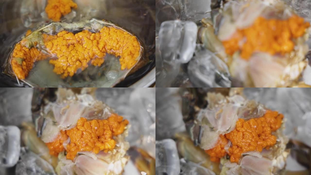 鱼露腌蟹蛋，泰国鱼露腌蟹蛋放在托盘上